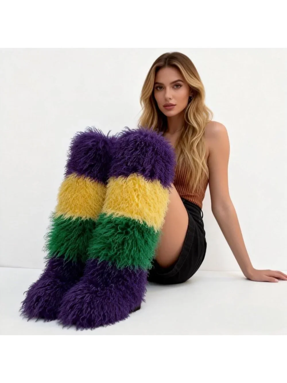 Women's Multi Color Round Toe Comfort Over The Knee Fluffy Fur Thigh High Boots